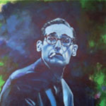 portrait of bill evans with a cigarette in his mouth done in blue and green