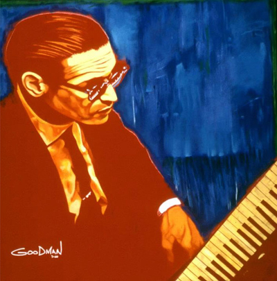 Painting of Bill Evans with his keyboard done in blue and brown