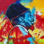 Painting of Thelonious Monk from side view with face in blues and background of reds and yellows