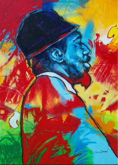 Painting of Thelonious Monk from side view with face in blues and background of reds and yellows