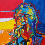 Portrait of Lee Konitz playing saxaphone painted in primary colors