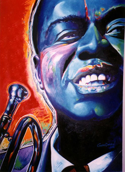Partial facial portrait of Louis Armstrong face in blues and background in reds