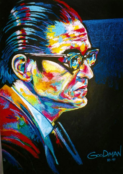 Multicolored acrylic portrait of bill evans with slicked back blue/black hair and glasses