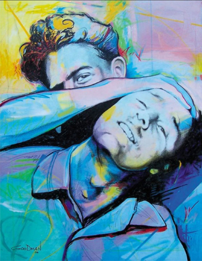 Affection and comfort is evident in the playful portrait of the boys done in pastel colors