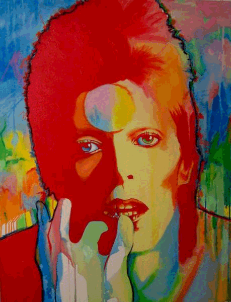David Bowie in orange, light yellow, liight blue gazing intently