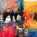 Colorful abstract including black and white photo like images of children entitled Broken No. 2