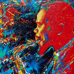 Painting of Eric Dolphy playing that sax done in primary colors