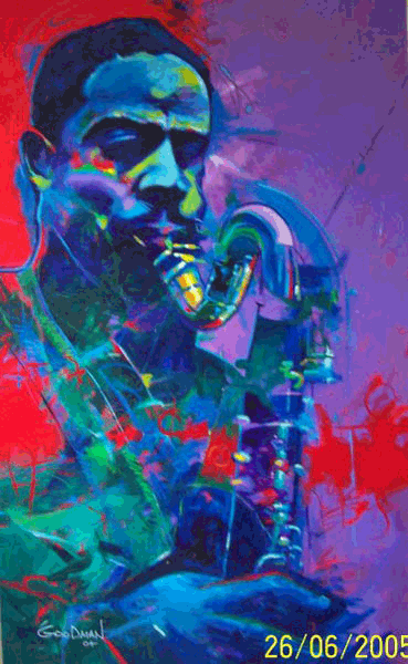 Acrylic painting of Eric Dolphy playing the sax done in reds, blues and purples