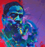 Acrylic painting of Eric Dolphy playing the sax done in reds, blues and purples