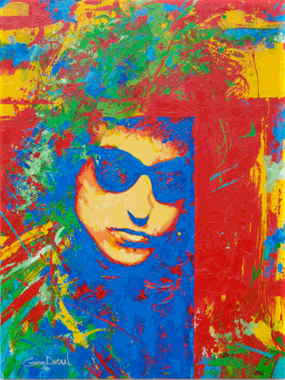 painting of bob dylan in primary colors
