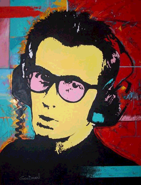 Painting of Elvis Costello with pink sunglasses