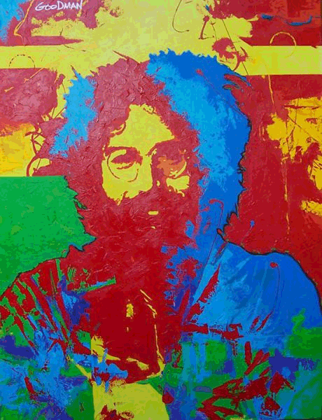 Painting of Jerry Garcia done in primary colors