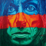 Painting of Iggy Pop in green, orange and blue horizontal sections