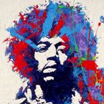 painting of Jimi Hendrix done in white, black, red and blue
