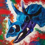 Painting of a Triceratops skeletal head in primary colors