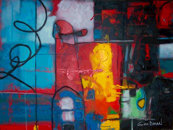 Red, yellow and mellow blues adorn this untitled abstract painting